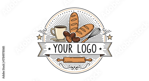 Bakery cafe emblem with baked goods coffee and kitchen utensils