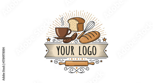 Rustic Bakery Emblem with Custom Text Area and Freshly Baked Goods Design
