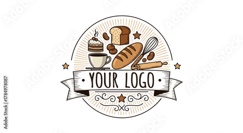 Retro bakery confectionery logo with classic bread, cake, and coffee elements
