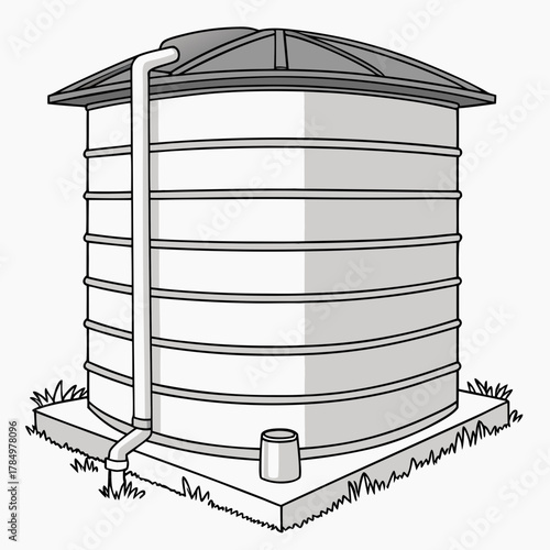 Illustration of a large cylindrical water storage tank with a domed roof