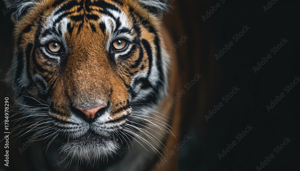 Naklejka premium Close-Up Portrait Of A Majestic Male Tiger Making Eye Contact In The Blackened Hues Of Ranthambore National Park, Rajasthan, India.