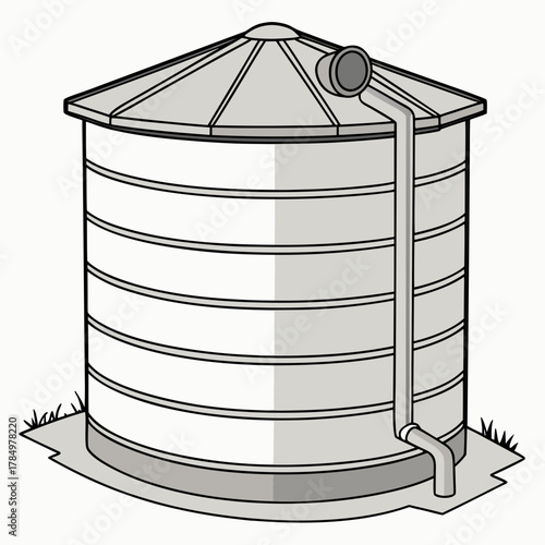 Illustration of a large cylindrical grain silo with a conical roof and downspout