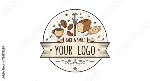 Charming bakery and cafe emblem with bread, coffee, and whisk design isolated