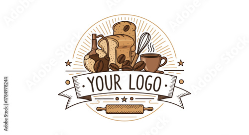 Artisanal bakery and coffee emblem with essential ingredients design