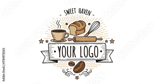 Rustic bakery and coffee shop logo with baking tools and beverage elements