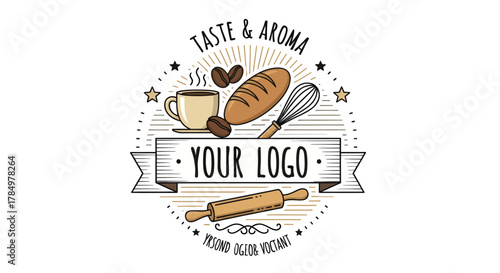 Bakery and coffee shop logo with traditional baking and drink elements