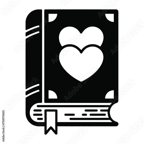 Love story book icon showing two heart shapes on its cover, symbolizing romance, affection, and emotional connection in a simple graphic style.