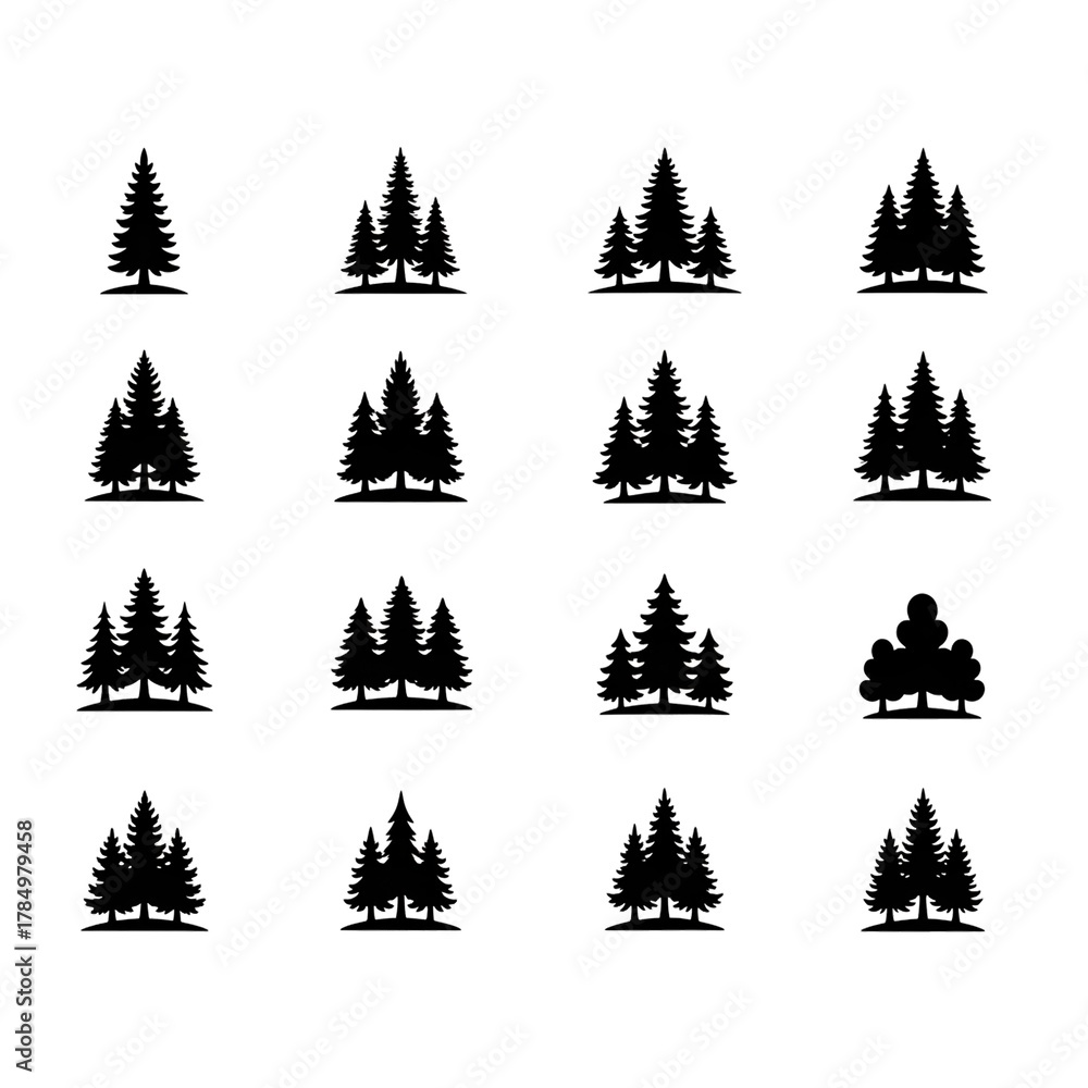 Obraz premium Collection of Black Pine Tree Silhouettes on White Background, Minimalist Evergreen Forest Design for Logo, Nature Icon, and Vector Graphic Elements