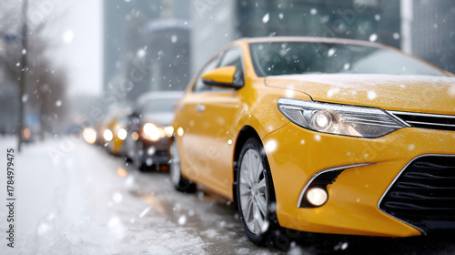 Winter transportation yellow taxis lined up on snowy city street with falling snowflakes