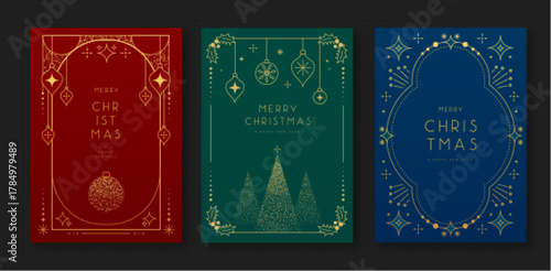 Set of modern Christmas frames or holiday greeting cards on emerald green, red and blue backgrounds. Line art vector illustration