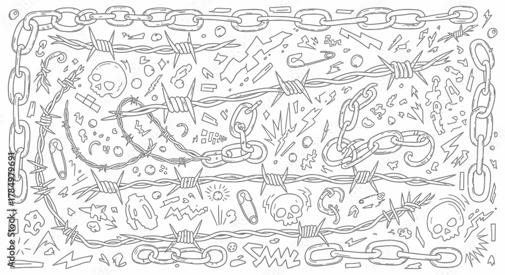 Fototapeta premium Hand-drawn illustration featuring chains, barbed wire, skulls and lightning bolts creating an edgy