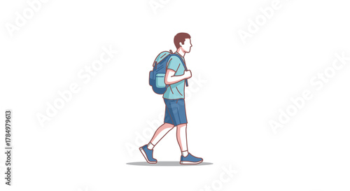 Stylized illustration of a young man strolling with a backpack for exploration