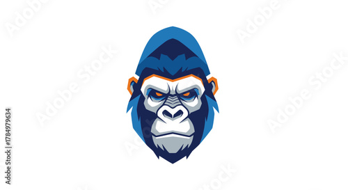 Stylized gorilla head illustration in shades of blue and orange offering a modern abstract