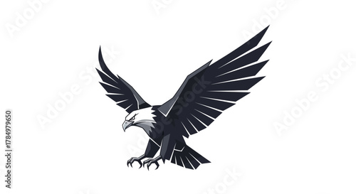 Striking vector illustration of a bald eagle poised for landing against white backdrop