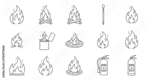 Vintage Hand-Drawn Fire Elements Set: Flames, Campfire, Lighter, and Fire Extinguishers
