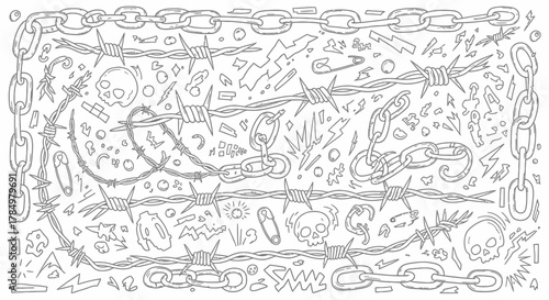 Hand-drawn illustration featuring chains, barbed wire, skulls and lightning bolts creating an edgy