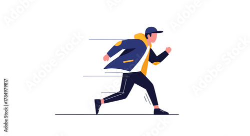 A minimalist illustration showing a figure in motion with speed lines suggesting forward movement
