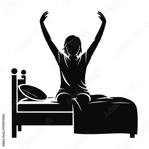 Silhouette of a person stretching in bed, symbolizing a fresh morning, awakening, new day, wellness, relaxation, and a healthy routine concept