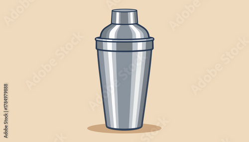 Illustration of a shiny metal cocktail shaker on a beige background.