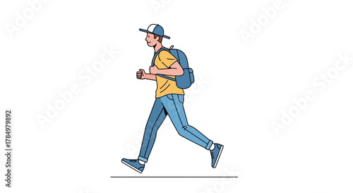 Cartoon character traveling or walking with backpack, stylish tourist vector illustration casual
