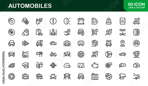 Stylish Automobiles icons set representing car repair, transport service, and automotive innovation