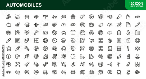Professional Automobiles icons collection symbolizing mobility, transport, service, and auto repair
