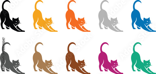 Cat silhouettes variety in multiple poses and colors, Colorful cat silhouette set vector illustration
