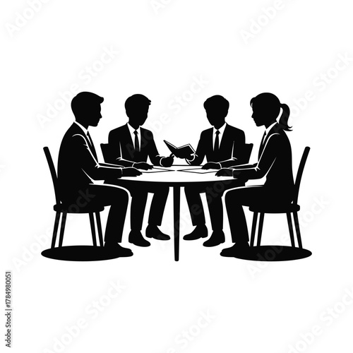 Business meeting silhouette of four diverse professionals collaborating at a round table, discussing strategy and making important decisions for company growth.