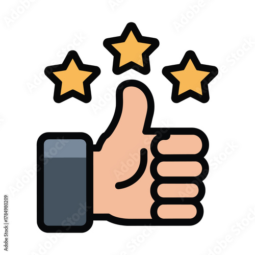Thumbs up gesture with three golden stars, symbolizing excellent feedback, quality rating, approval, success, and positive customer review concept.