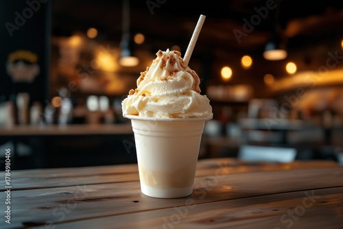 Delicious vanilla soft serve ice cream topped with sprinkles in a cozy cafe setting.