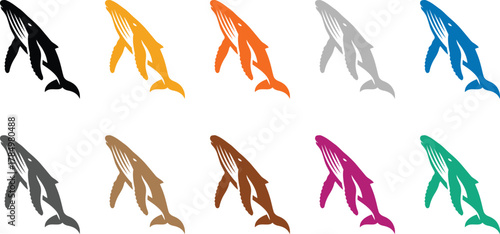 Colorful whale icons marine collection in two rows, Whale silhouettes vector design set