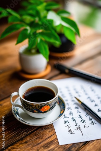 Traditional New Year calligraphy with tea and plants in a serene setting.