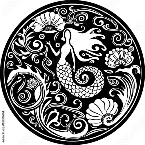 Beautiful coloring page tangle doodle mermaid silhouette linocut