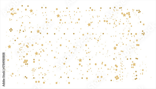 Festive golden stars and circles confetti scattered on white.