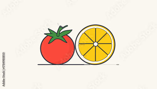A cartoon illustration of a tomato and a sliced lemon side by side on a line.