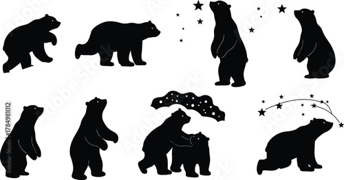 Black bear silhouettes, celestial constellation art, Ursa Major theme, night sky wildlife, cosmic animal design, stargazing bears, astronomy inspired illustration, nature, stars