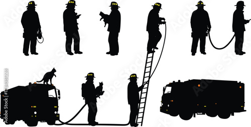 Firefighter silhouette, fire truck, rescue operation, emergency response, hose handling, ladder climbing, cat rescue, fire equipment, brave heroes, black figures, firefighting action, teamwork