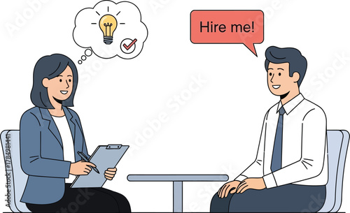 Job interview with a candidate saying hire me