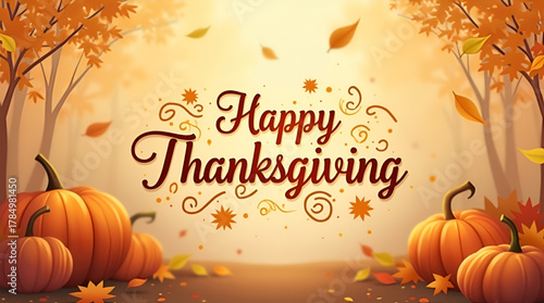 Elegant Happy Thanksgiving horizontal background, featuring a soft focus brown gradient with warm autumn tones, gentle bokeh light effects, and stylish white or golden typography, perfect for holiday 