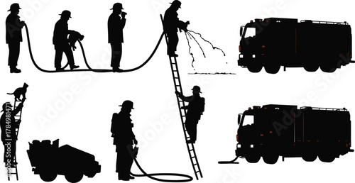 Firefighter silhouette, fire truck, rescue operation, emergency response, hose spray, ladder climb, teamwork, fire equipment, dog rescue, safety gear, brave heroes, black background