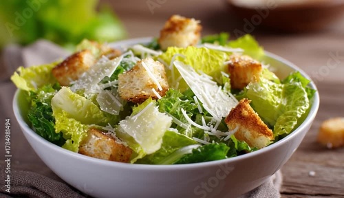 Fresh Caesar salad with crisp romaine lettuce, crunchy croutons, and shaved parmesan cheese in white bowl, appetizing and healthy meal
