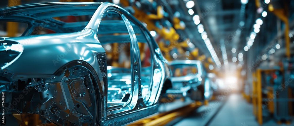 Fototapeta premium AI generator image of An automated automobile production line in an industrial factory uses industrial robots to assemble various parts. Each robot performs a specific task, such as cutting, welding, 