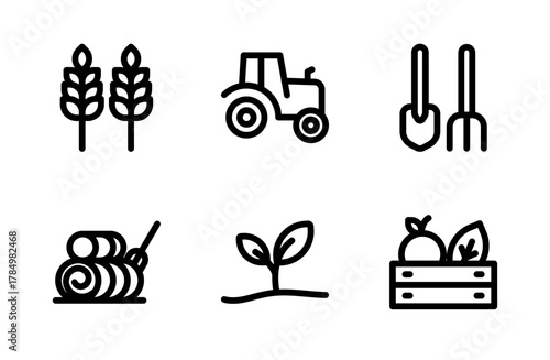 Sustainable Agriculture and Farming Icon Set for Eco and Rural Design Projects, Organic Field Illustration Collection for Food Production and Agribusiness Concepts