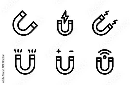 Powerful Magnet Icon Set for Science and Technology Design Projects, Magnetic Field Illustration Collection for Physics and Energy Concepts