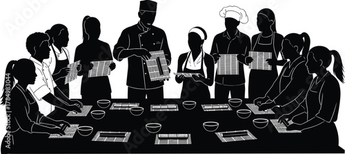 Flat vector cooking class silhouette, chef teaching group, culinary training session, teamwork food preparation, kitchen learning, cultural cuisine workshop