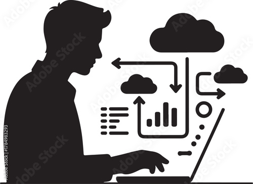 Black silhouette of a person working on a computer representing cybersecurity programming and technology