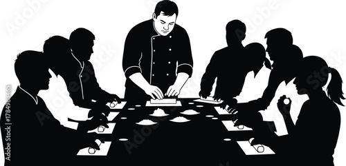 Flat vector chef table silhouette, culinary presentation scene, group dining experience, food preparation demonstration, interactive cooking, restaurant kitchen concept