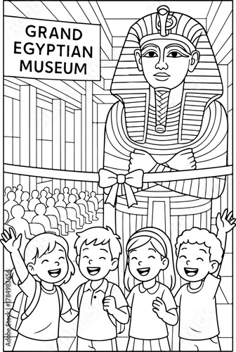 hand drawn vector illustration of Grand Egyptian Museum coloring page for kids