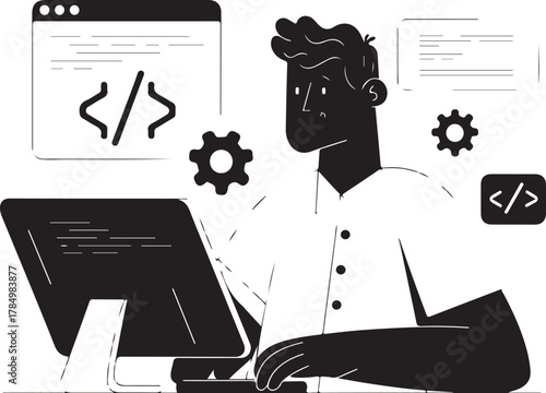Modern black and white vector illustration of cybersecurity and technology concepts on a computer desk