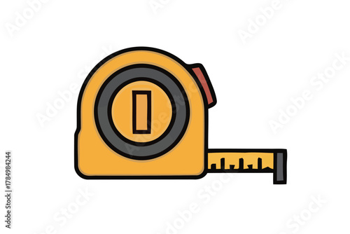 A simple flat design icon of a yellow retractable tape measure tool for construction, DIY projects, and accurate dimension measurement